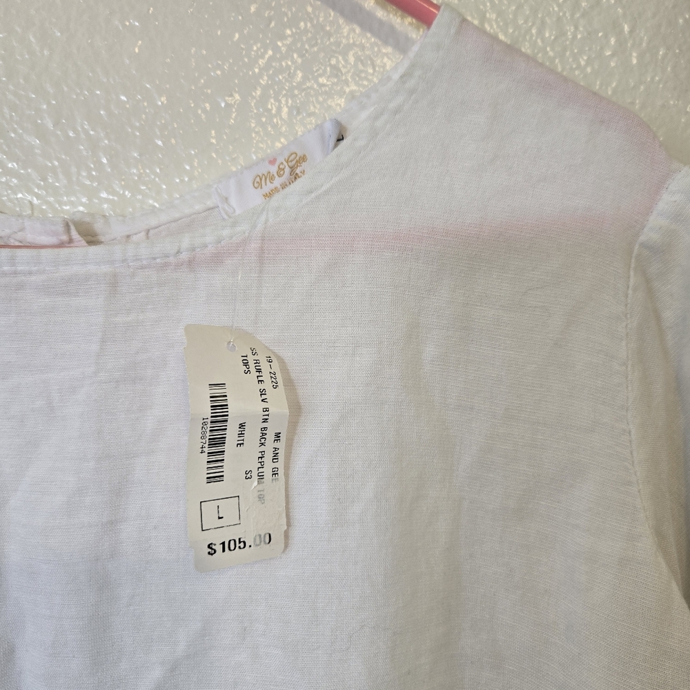 ME & GEE Italy Top Linen Cotton Ruffle Sleeve Peplum Abalone Button Up Back NWT - Picture 6 of 7